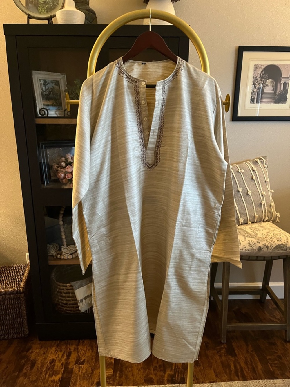 Men's Neutral Beige Embroidered silk Kurta - Traditional Tunic